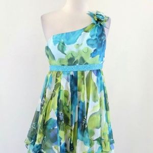 Terani Blue Green Floral One Shoulder Ruffle Layered Evening Party Prom Dress 8